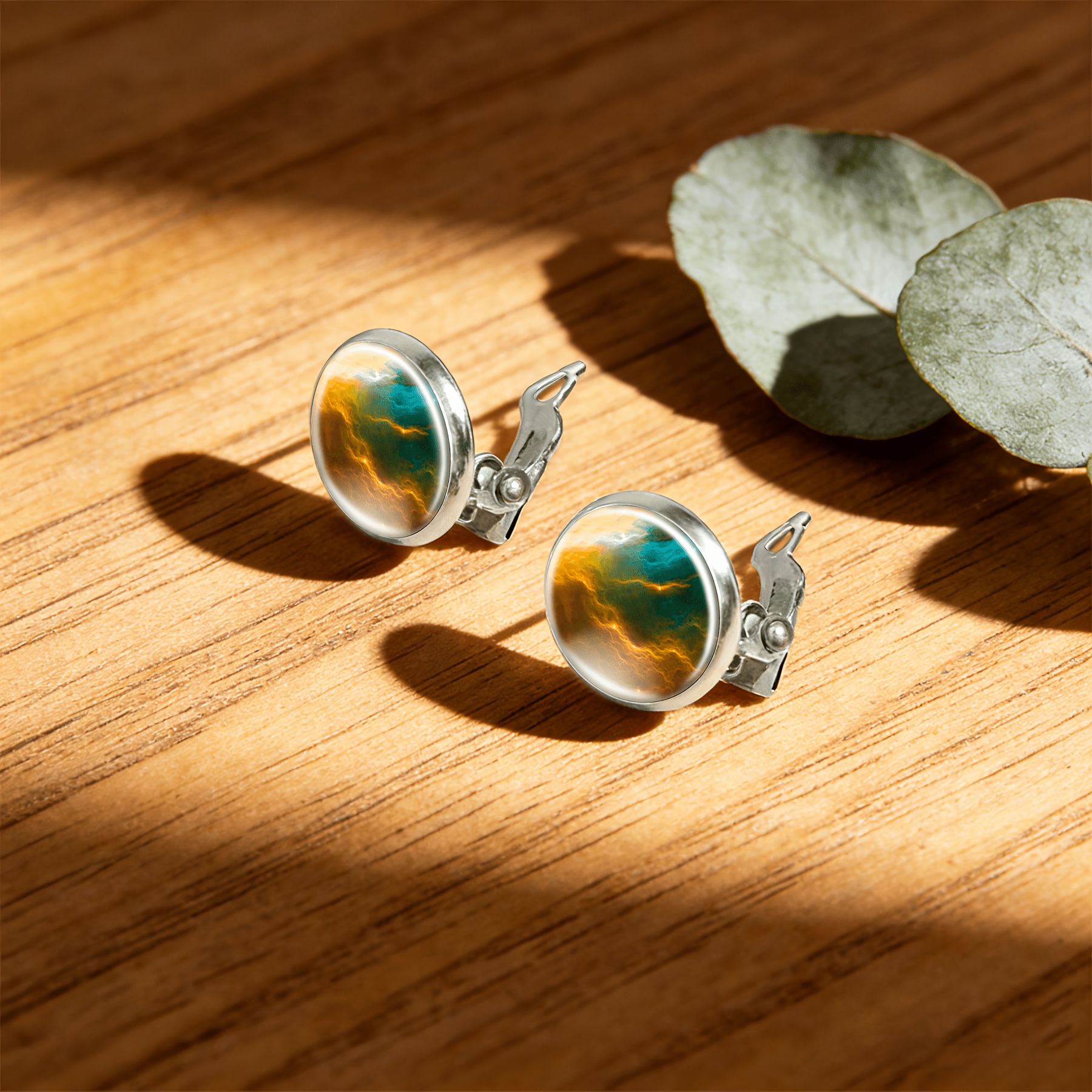 2pc No-Piercing Round Glass Earrings Set, Colorful Pattern